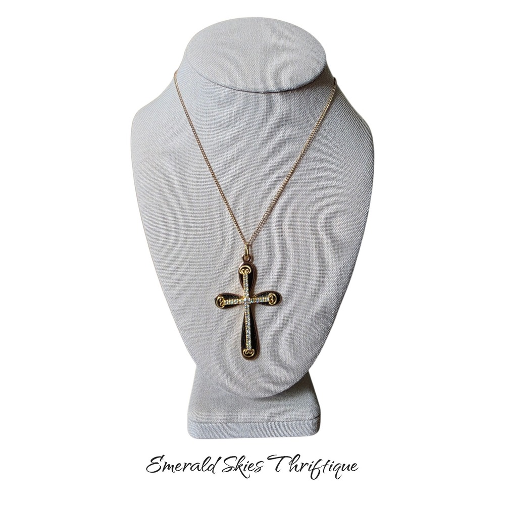 Vintage Gold Tone Cross Necklace rhinestone accents 18 inch religious free ship